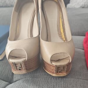 Fendi Women's Cream Peep-Toe Platform Shoes